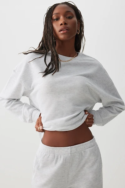 Ardene Oversized Waffle Knit Sweatshirt in Light Grey | Size | Polyester/Spandex