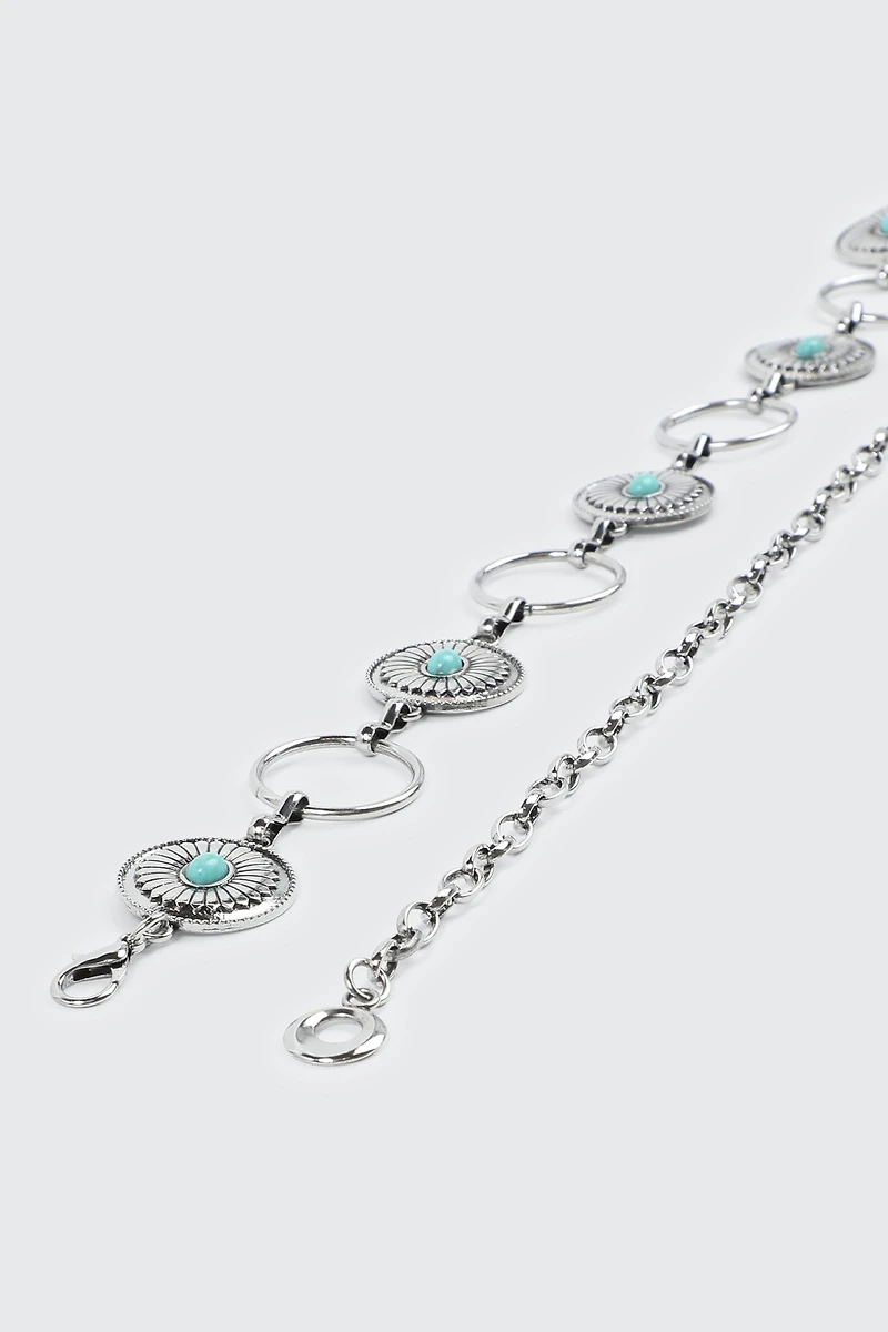 Ceinture en chaîne à médaillons et pierres