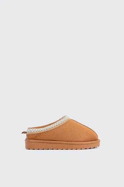 Ardene Kids Faux Sheepskin Clogs with Accent Trim in Cognac | Size | Faux Suede