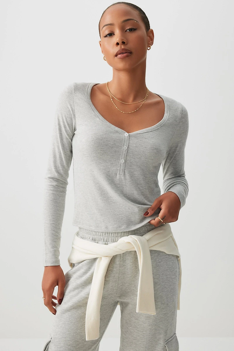 Ardene Brushed Jersey Henley T-Shirt in Grey | Size | Cotton/Elastane