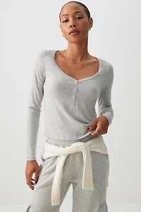 Ardene Brushed Jersey Henley T-Shirt in Grey | Size | Cotton/Elastane