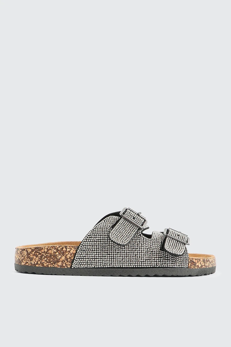 Ardene Two-Buckle Embellished Sandals in Silver | Size | Faux Suede