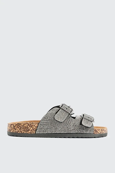 Ardene Two-Buckle Embellished Sandals in Silver | Size | Faux Suede
