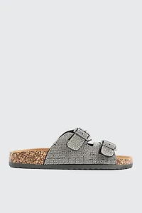 Ardene Two-Buckle Embellished Sandals in Silver | Size | Faux Suede