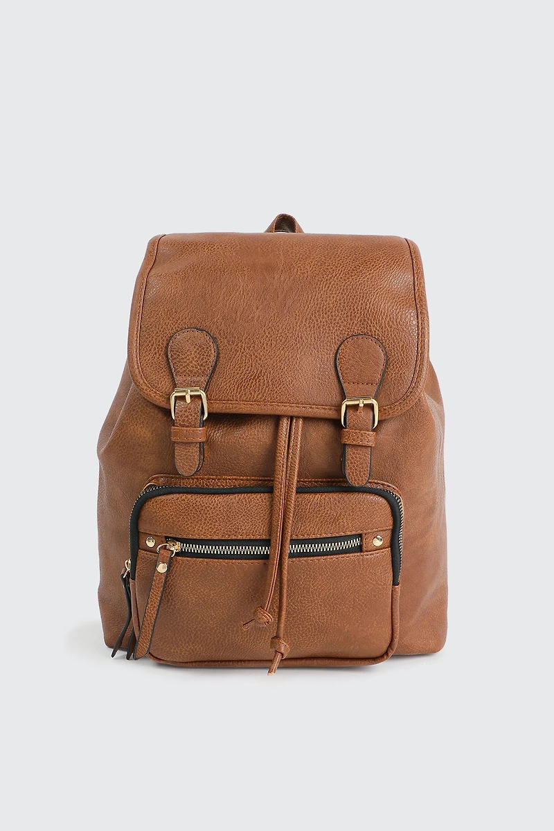 Ardene Faux Leather Flap Backpack in Cognac | 100% Recycled Polyester/Faux Leather | Eco-Conscious