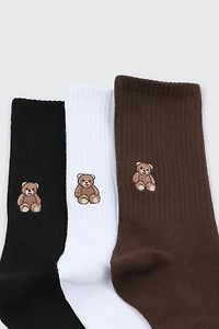 Ardene 3-Pack Crew Socks with Bear Embroidery | Polyester/Spandex