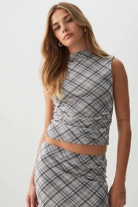 Ardene Printed Mesh Mock neck Top in Grey | Size | Polyester/Spandex