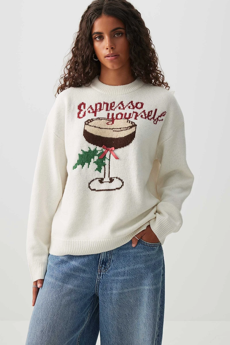 Ardene Espresso Yourself Sweater in White | Size XS | Polyester/Elastane