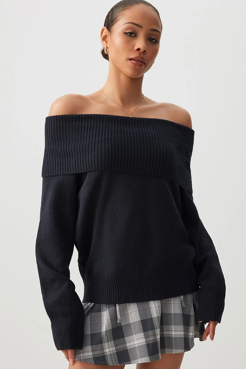 Ardene Fold Over Off Shoulder Sweater in Dark Blue | Size | Polyester/Spandex