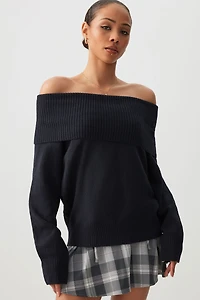 Ardene Fold Over Off Shoulder Sweater in Dark Blue | Size | Polyester/Spandex