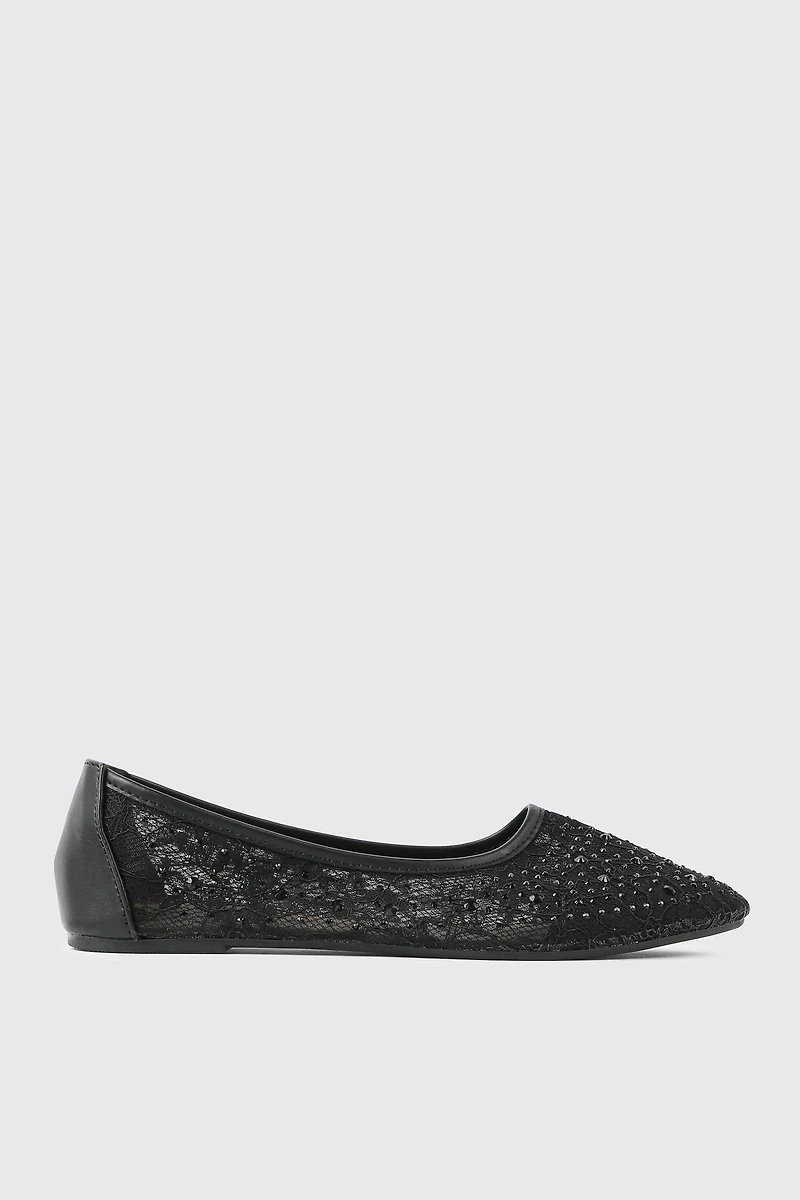 Ardene Embellished Floral Mesh Flats in Black | Size