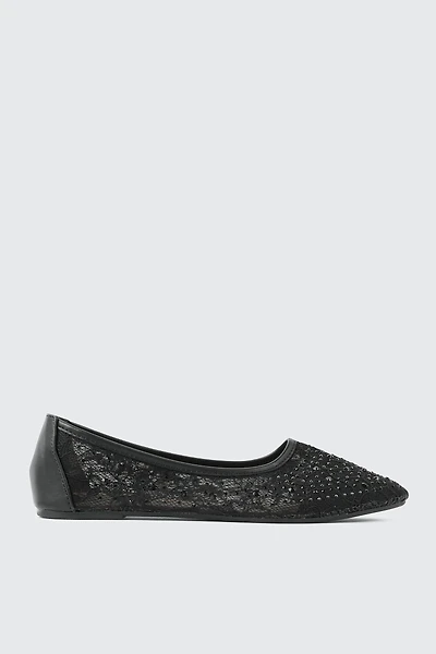 Ardene Embellished Floral Mesh Flats in Black | Size