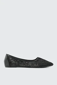 Ardene Embellished Floral Mesh Flats in Black | Size
