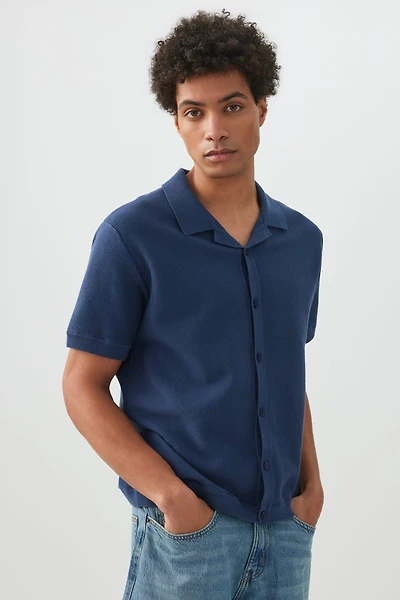 Ardene Johnny Collar Short Sleeve Sweater in Dark Blue | Size | 100% Cotton