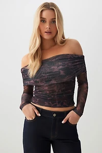 Ardene Off Shoulder Mesh Top in Pink | Size | Polyester/Spandex