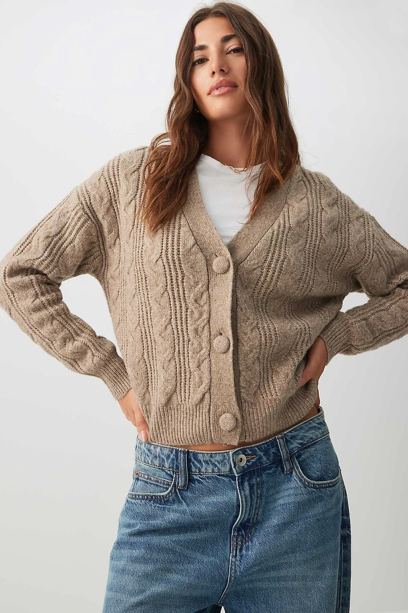 Ardene Cable Knit V-Neck Cardigan in Beige | Size Small | Polyester | Eco-Conscious