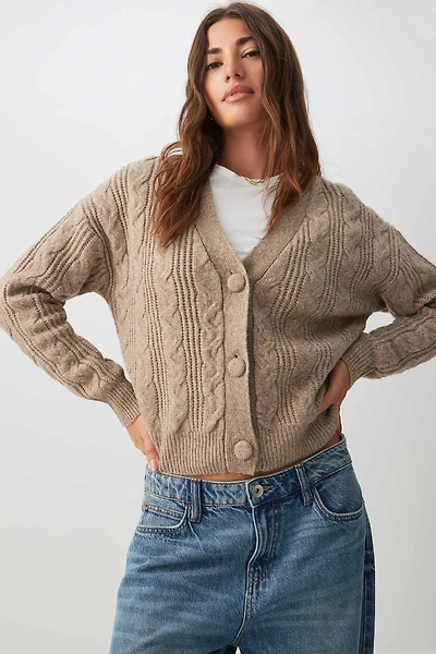 Ardene Cable Knit V-Neck Cardigan in Beige | Size | Polyester | Eco-Conscious