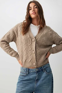 Ardene Cable Knit V-Neck Cardigan in Beige | Size Small | Polyester | Eco-Conscious