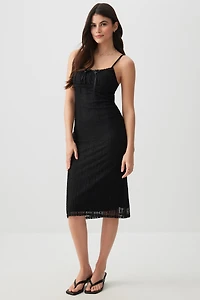Ardene Lace Midi Dress with Ribbon Detail in Black | Size | Nylon/Spandex