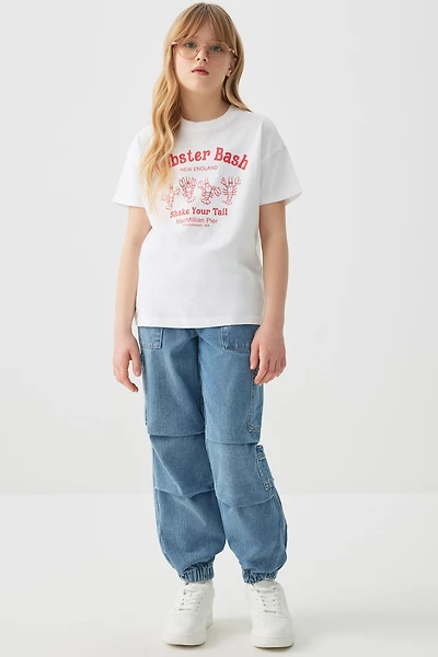 Ardene Kids Denim Cargo Joggers in Medium Blue | Size Large | Polyester/Rayon/Cotton