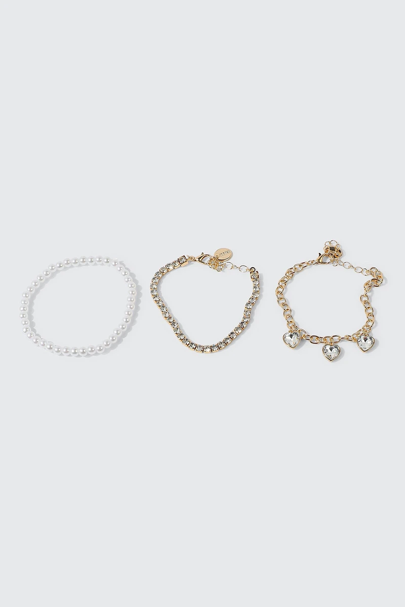 Ardene 3-Pack Bracelets with Heart Charms in Gold