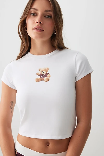 Ardene Graphic Crop PJ Top in White | Size Large | Cotton/Elastane | Eco-Conscious