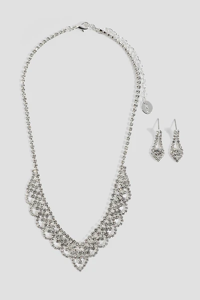 Ardene Ornate Necklace & Earring Set in Silver | Stainless Steel