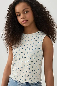 Ardene Kids Floral Smocked Cropped Tank in Off-White | Size | Polyester/Spandex/Cotton