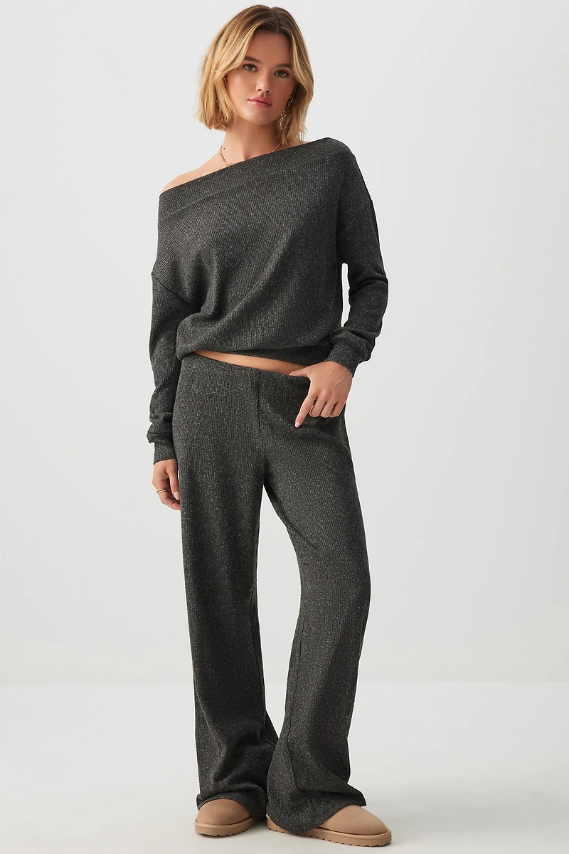 Ardene Brushed Knit Flare Pants in Dark Grey | Size | Polyester/Elastane