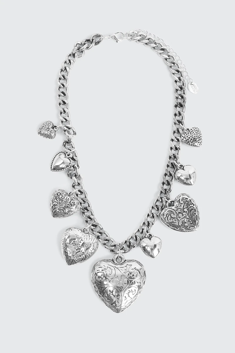 Ardene Chunky Chain Necklace with Heart Pendants in Silver