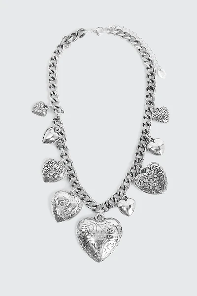Ardene Chunky Chain Necklace with Heart Pendants in Silver