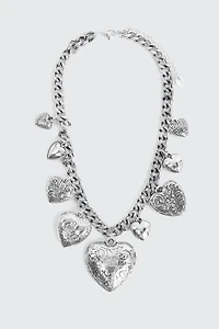 Ardene Chunky Chain Necklace with Heart Pendants in Silver