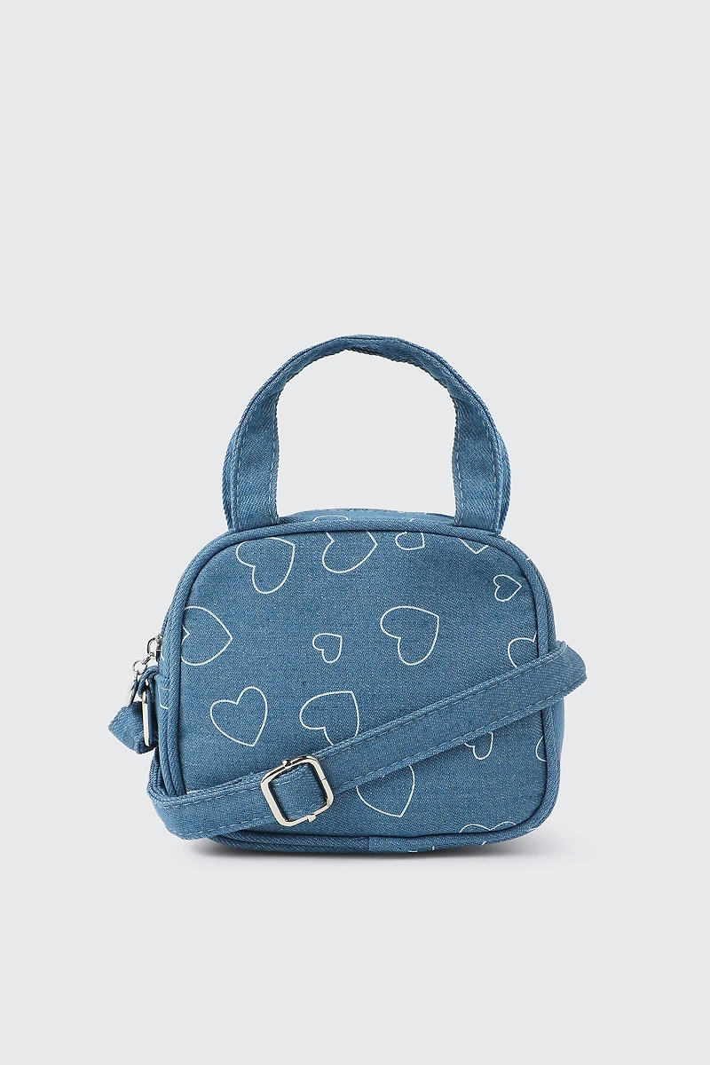 Ardene Kids Heart Print Denim Crossbody Bag in Medium Blue | Polyester