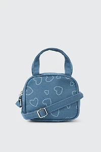 Ardene Kids Heart Print Denim Crossbody Bag in Medium Blue | Polyester