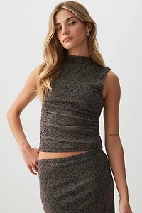 Ardene Printed Mesh Mock neck Top in Brown | Size | Polyester/Spandex