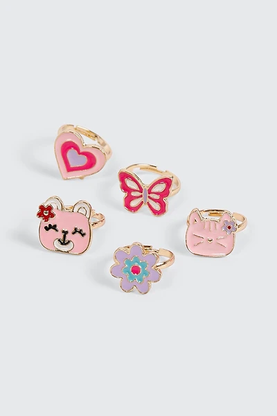 Ardene Kids 5-Pack Adjustable Rings in Light Pink