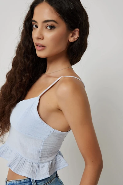 Ardene Babydoll Crop Top in Light Blue | Size