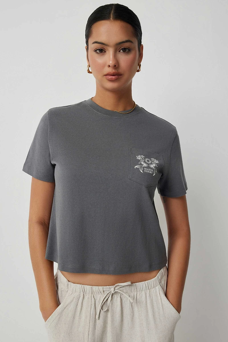 Ardene Print Pocket Crew Neck T-Shirt in Grey | Size XS | 100% Cotton