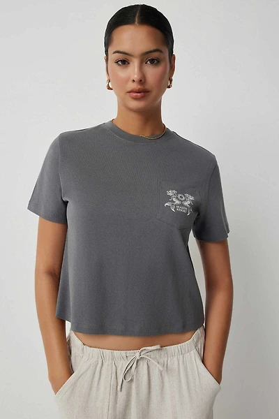 Ardene Print Pocket Crew Neck T-Shirt in Grey | Size XS | 100% Cotton