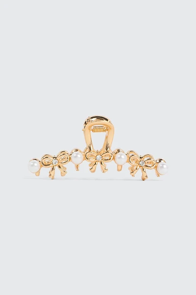 Ardene Pearl & Bow Metal Hair Claw in Gold