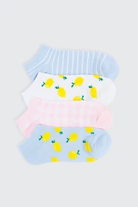 Ardene 4-Pack Lemon & Stripe Ankle Socks in Light Blue | Polyester/Spandex