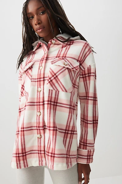 Ardene Plaid Polar Fleece Shirt in Light Pink | Size | Polyester | Eco-Conscious