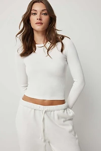 Ardene Seamless Crop Long Sleeve T-Shirt in White | Size Large | Polyester/Nylon/Elastane | Eco-Conscious