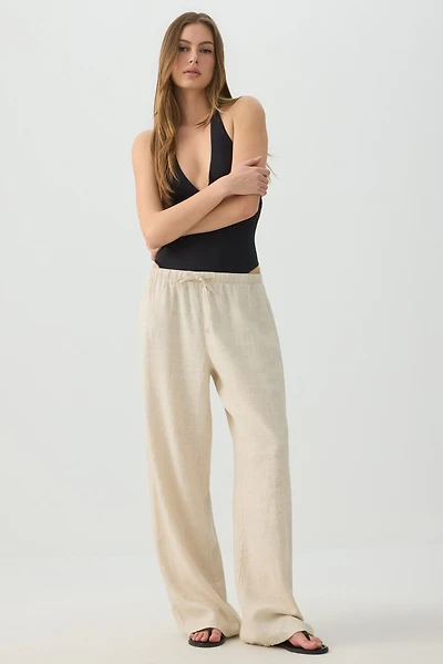 Pantalon à taille mi-haute en mélange de lin