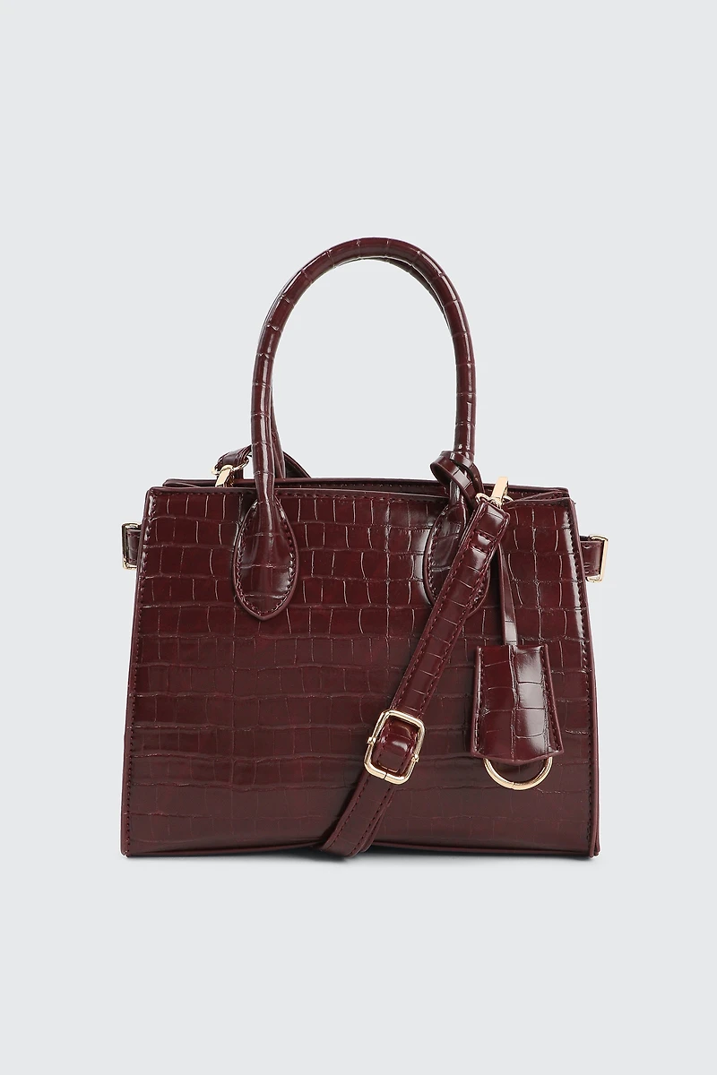 Ardene Small Tote Bag with Keychain in Burgundy | 100% Recycled Polyester/Faux Leather