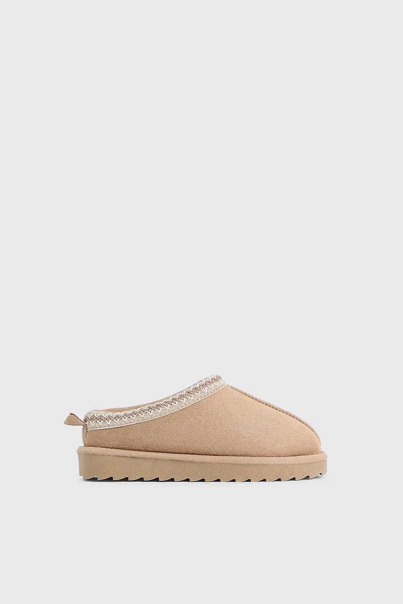 Ardene Kids Faux Sheepskin Clogs with Accent Trim in Beige | Size | Faux Suede