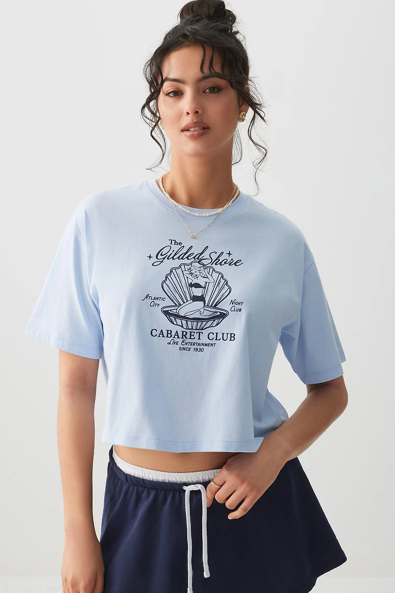 Ardene Boxy Graphic T-Shirt in Light Blue | Size XS | 100% Cotton