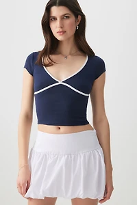 Ardene Deep V-Neck Cap Sleeve T-Shirt in Dark Blue | Size | Cotton/Elastane