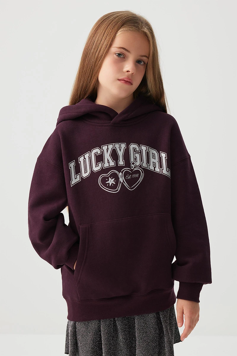 Ardene Kids Lucky Girl Hoodie in Burgundy | Size | Polyester/Cotton | Fleece-Lined