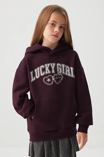 Ardene Kids Lucky Girl Hoodie in Burgundy | Size | Polyester/Cotton | Fleece-Lined